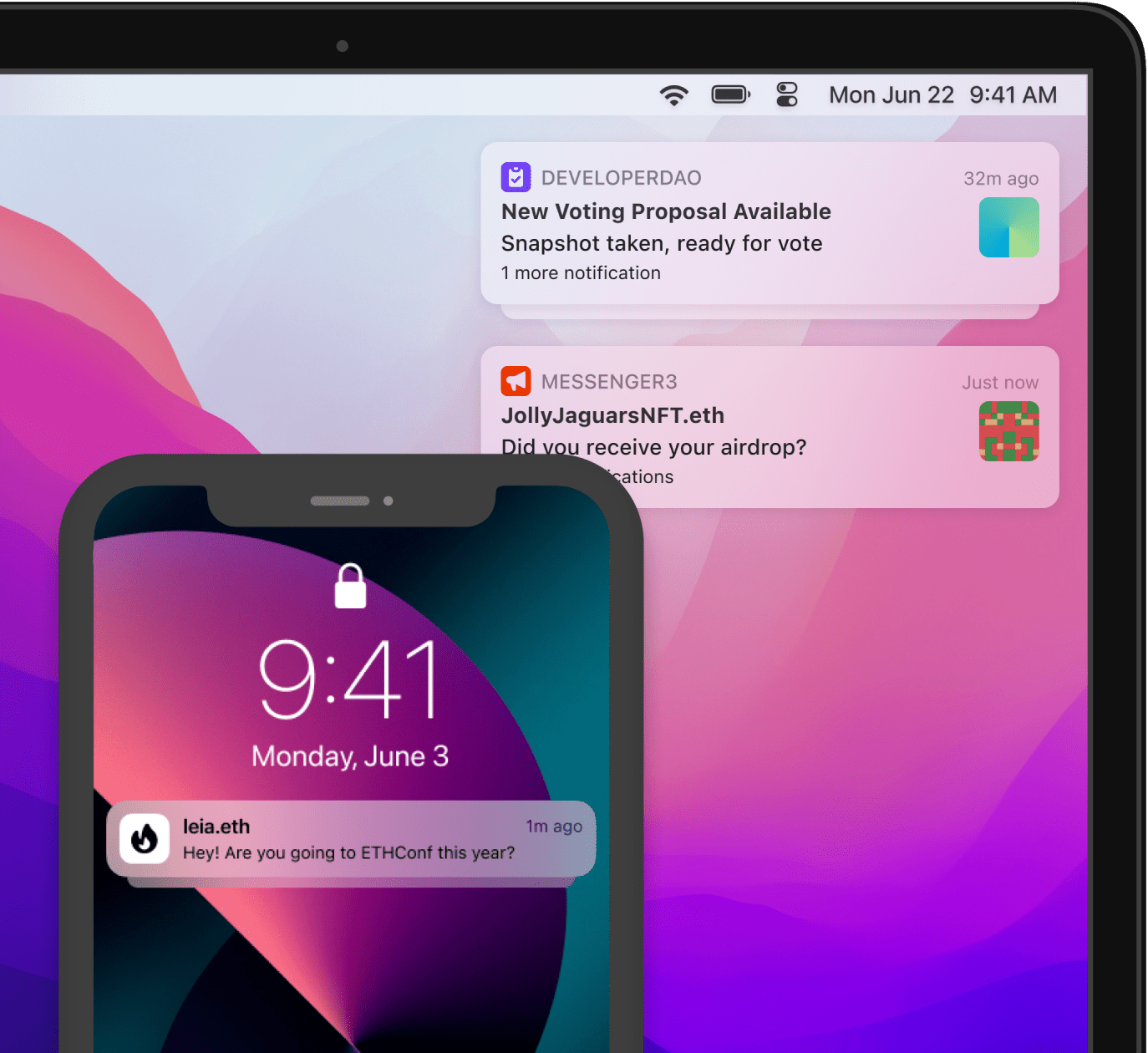 Laptop and mobile device screens showing alerts, announcements, and direct messages enabled by building apps with XMTP