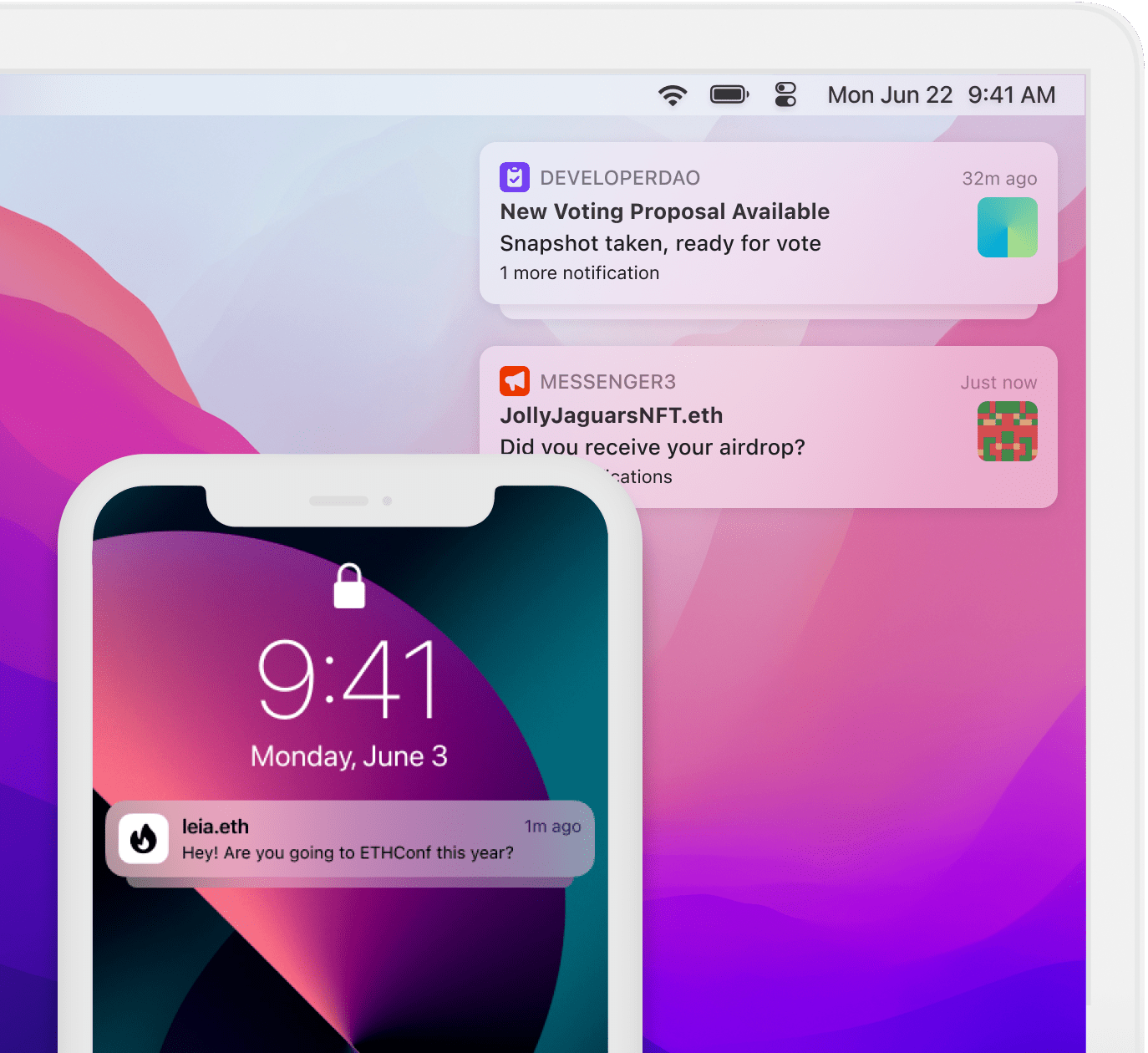 Laptop and mobile device screens showing alerts, announcements, and direct messages enabled by building apps with XMTP